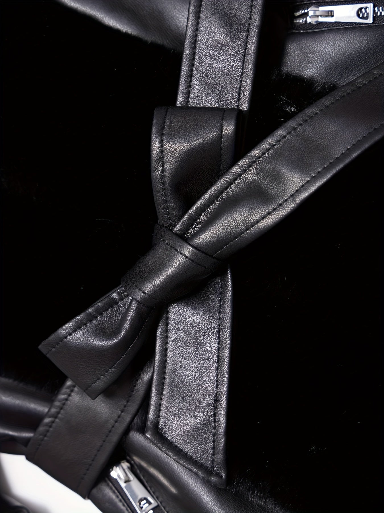 Women's Black Faux Fur Trim PU Leather Jacket with Hood Belt for Fall Winter