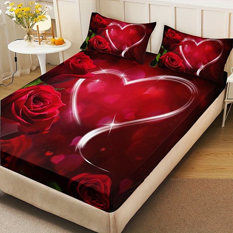 Romantic Rose Love Print Fitted Sheet Set 3 Piece Bedding Soft Breathable