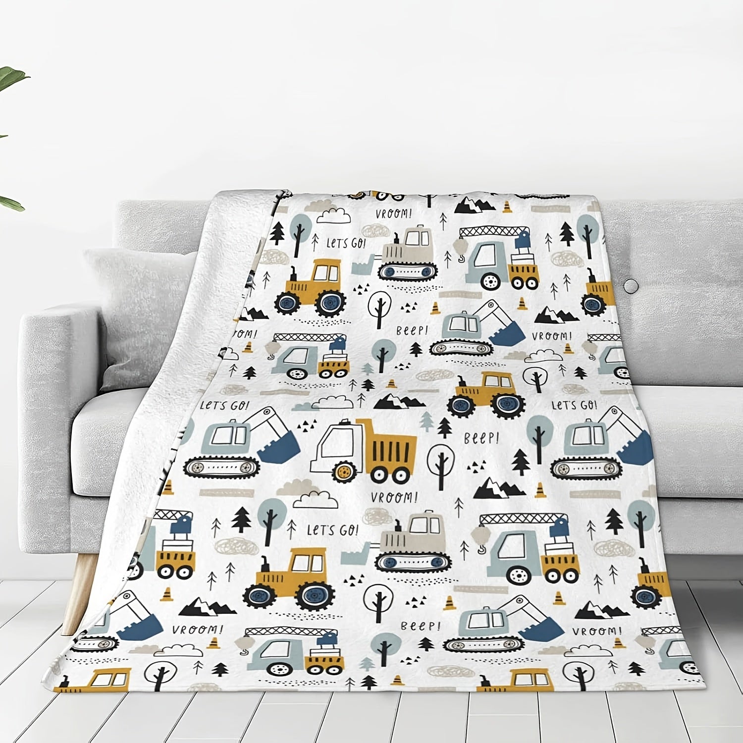 Cartoon Construction Vehicles Flannel Blanket Soft Cozy Lightweight Polyester Fleece
