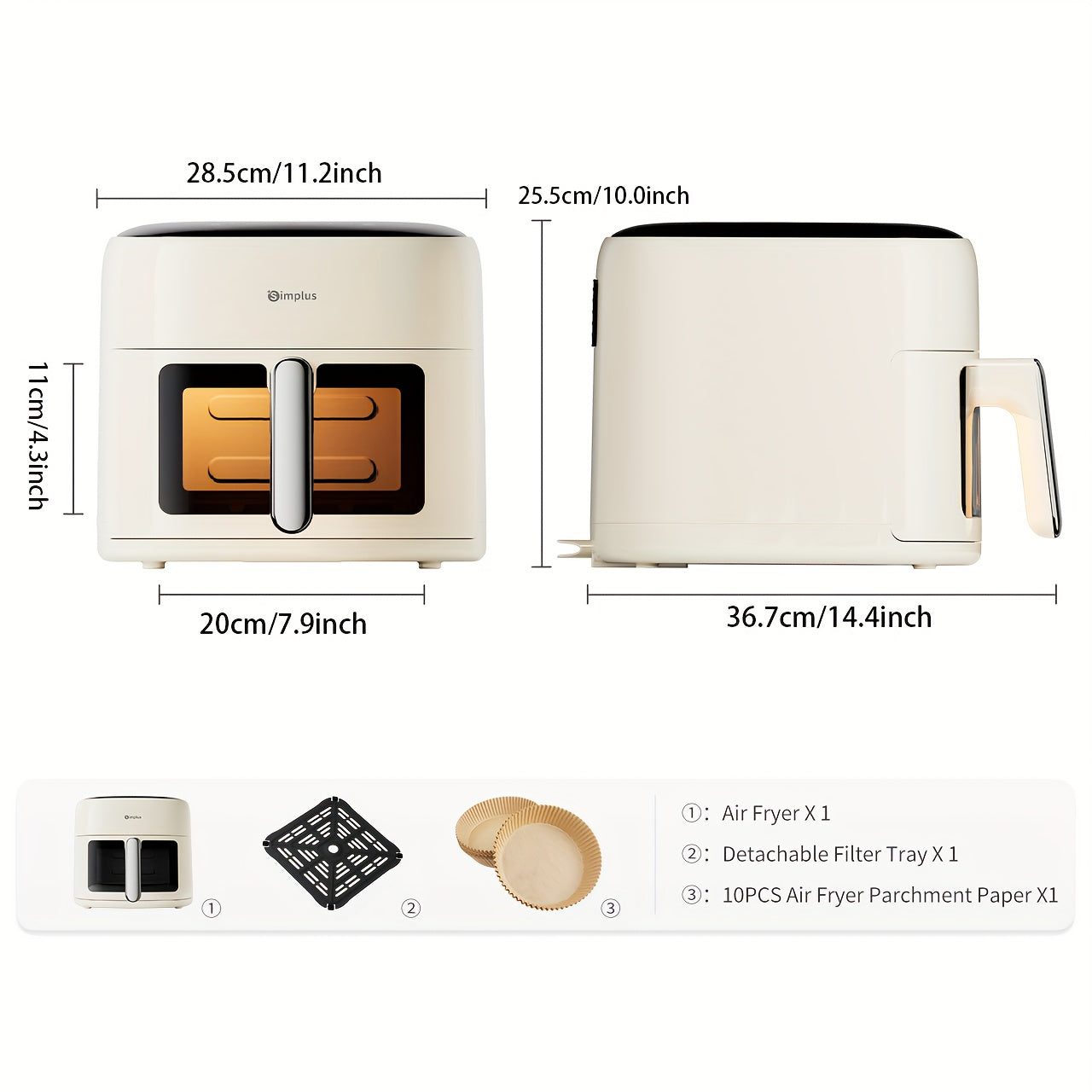 5-8 киши учун катта 6L ҳажмли ҳаво фритюрлари, осон сақлаш учун компакт ҳажмда. Хусусиятлар: 10 дона ҳаво фритюрлари қоғозлари, визуал пичириқ ойнаси, голографик LCD тиғиз экран, 10 ўрнатилган олдиндан белгиланган меню.