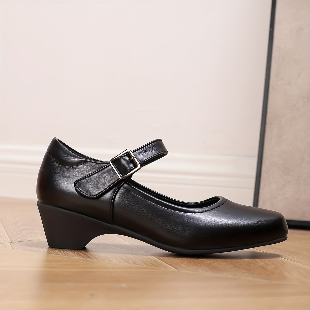 Women Black Synthetic Cover Square Toe Low Block Heel Pumps All-Day Casual Formal