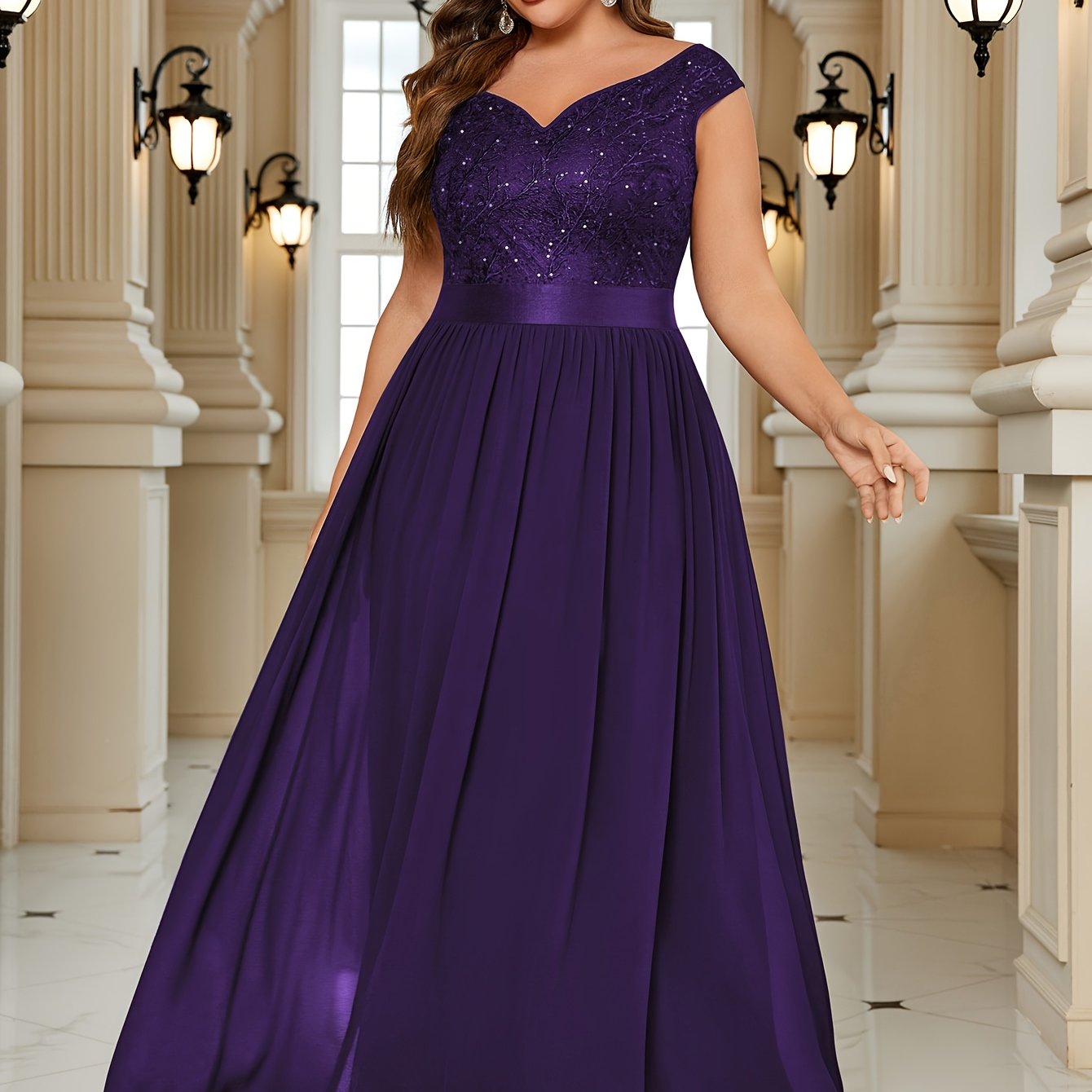 Women's Black Lace Off-Shoulder Gown Floor-Length Fit And Flare Plus Size