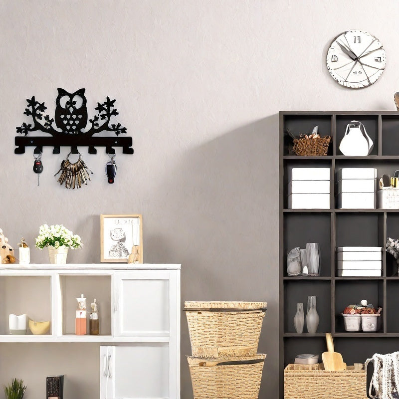 Wall-Mounted Iron Owl Coat Hook with Seven Hooks for Entryway Storage