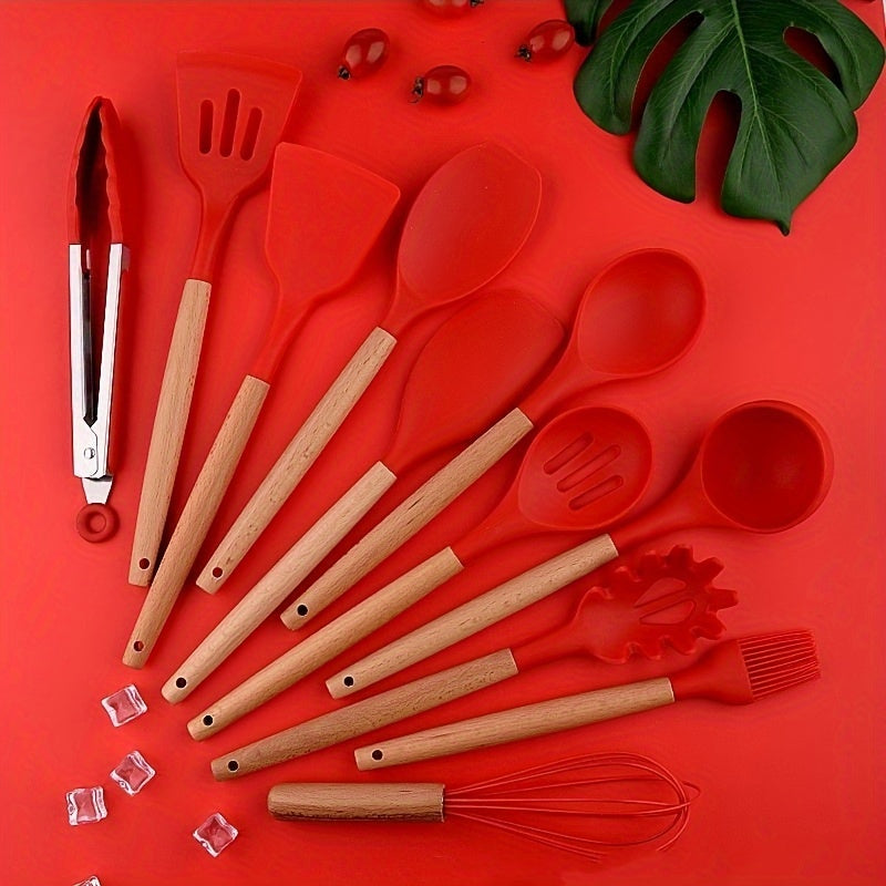 28-Piece Heat-Resistant Nonstick Kitchen Tools Set with Wooden Handles and Xmas Tree Storage Container