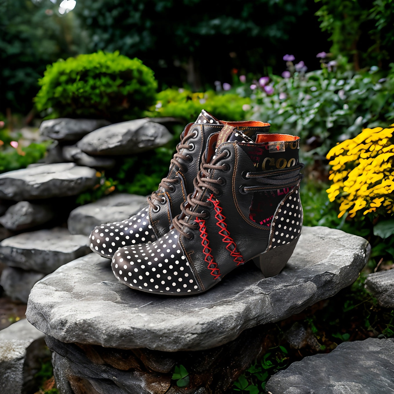 Women's Polka Dot Ankle Boots Mid-Heel Sequin Lettering Lace-Up