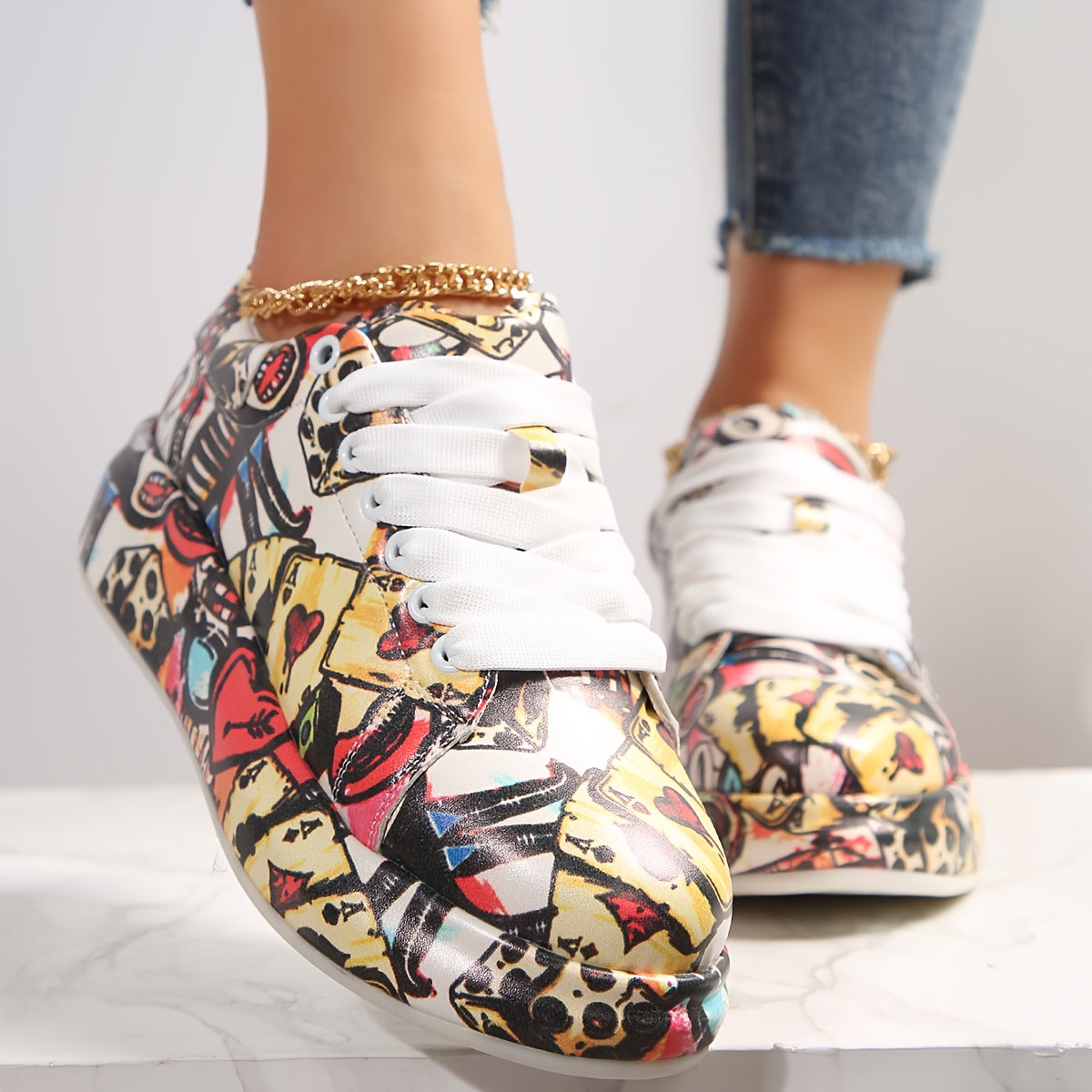 Women's Graffiti Print Skate Shoes, Lace Up Platform Sneakers