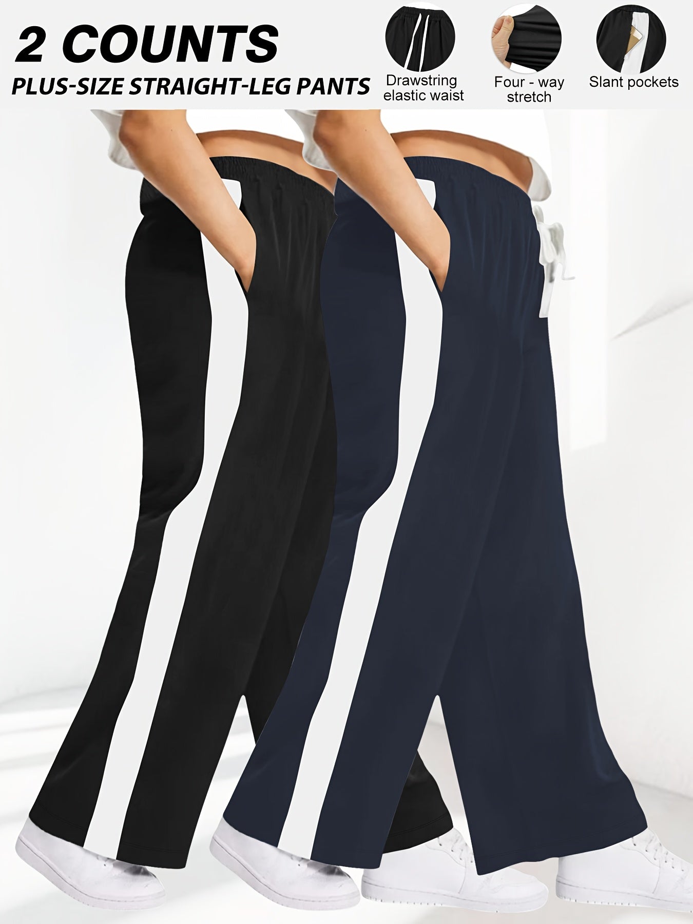 Women Wide Leg Pants Black and White Striped High-Waisted Drawstring