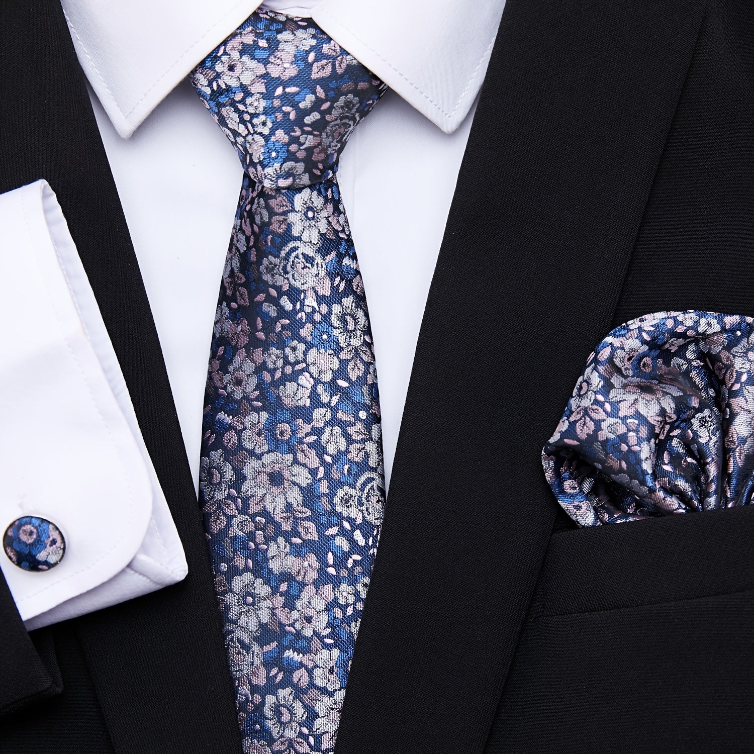 Men's Blue Jacquard Floral Tie Set with Pocket Square and Cufflinks for Weddings and Formal Events