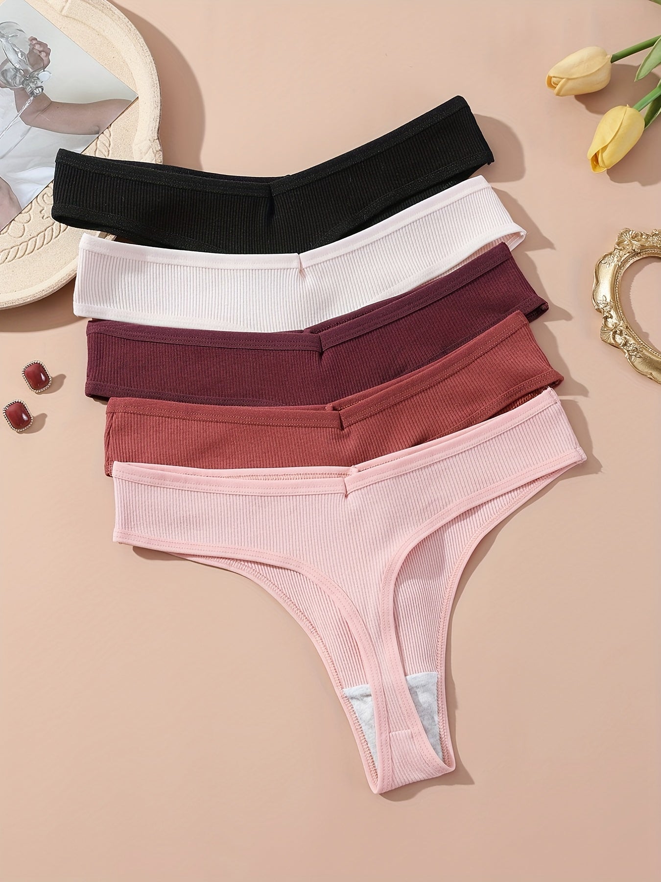 Women's Ribbed Low Waist Thongs Pack of 5 Comfortable Seamless Panties