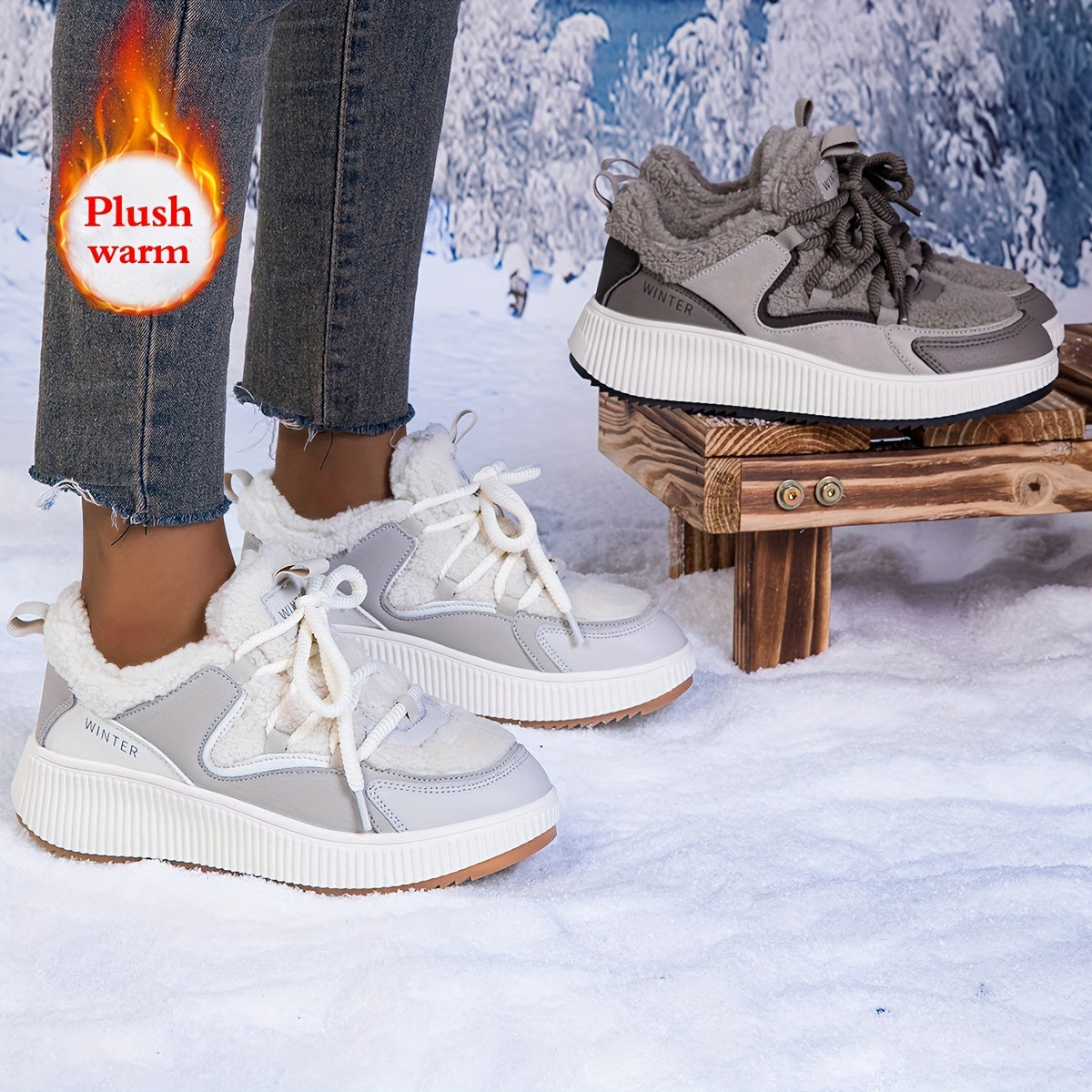 Women's Winter Sports Shoes Fleece-Lined Thick-Soled Sneakers