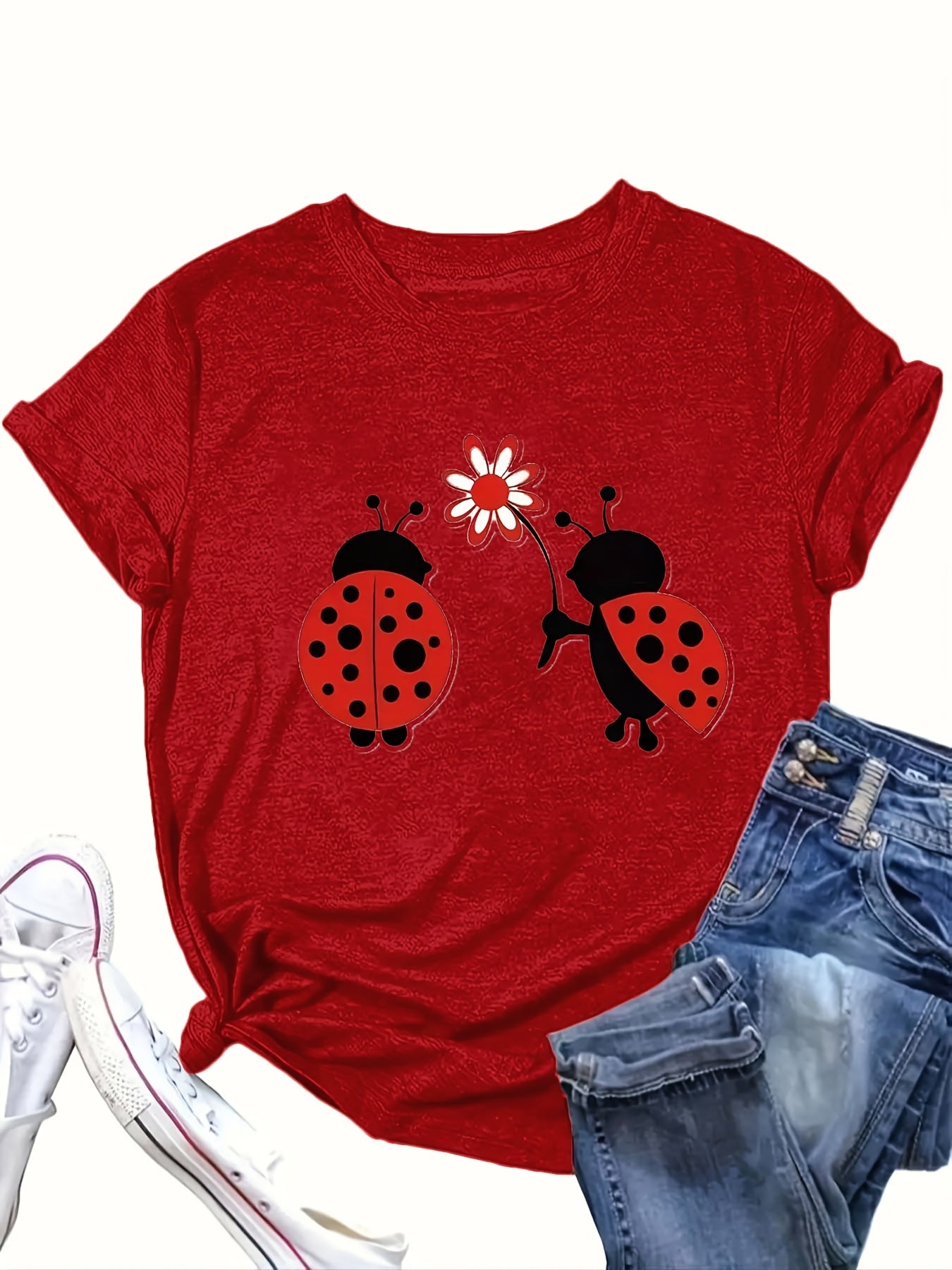 Women’s Plus Size Ladybug Print T-Shirt Casual Crew Neck Knit Top