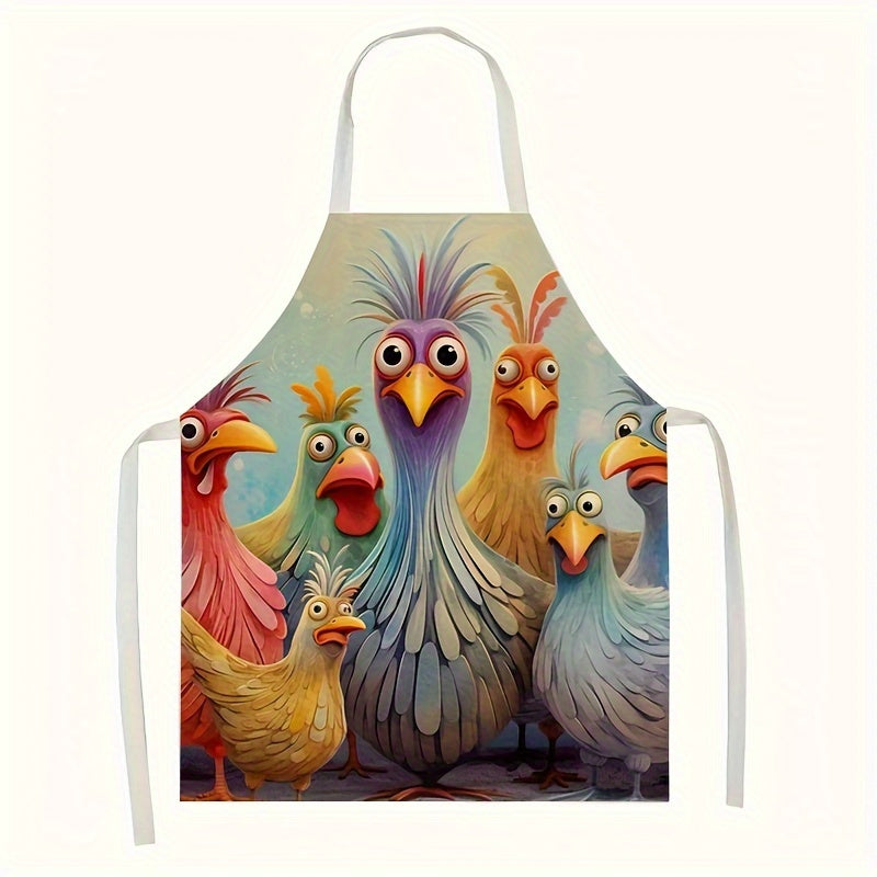 Adult Linen Apron with Colorful Chicken Pattern Sleeveless Bib for Home Cooking
