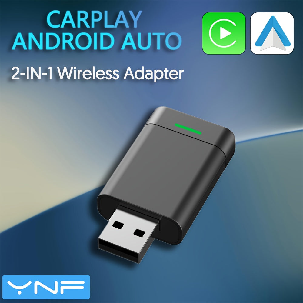 Adaptador inalámbrico 2-en-1 CarPlay y Android Auto con USB, alimentación, baja latencia, compatible con iPhone y teléfonos Android