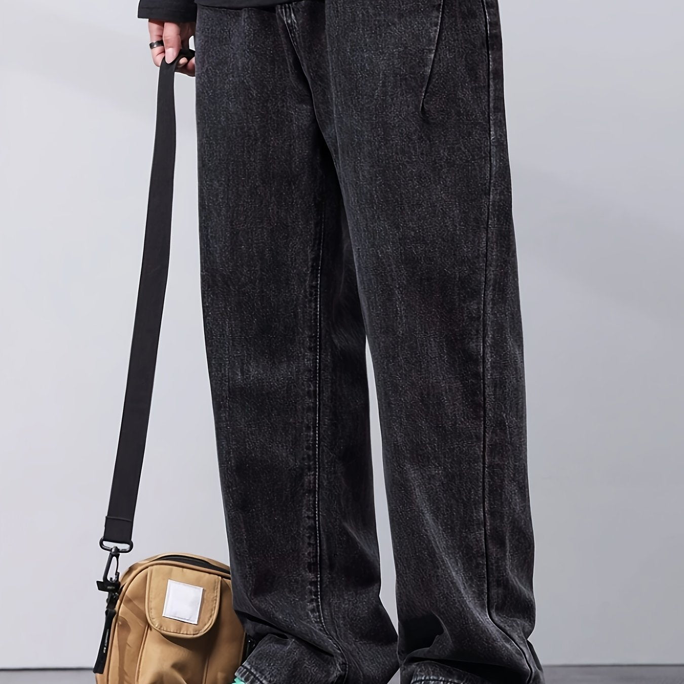 Men's Black Washed Denim Pants Loose Fit All-Season Casual with Fold Design