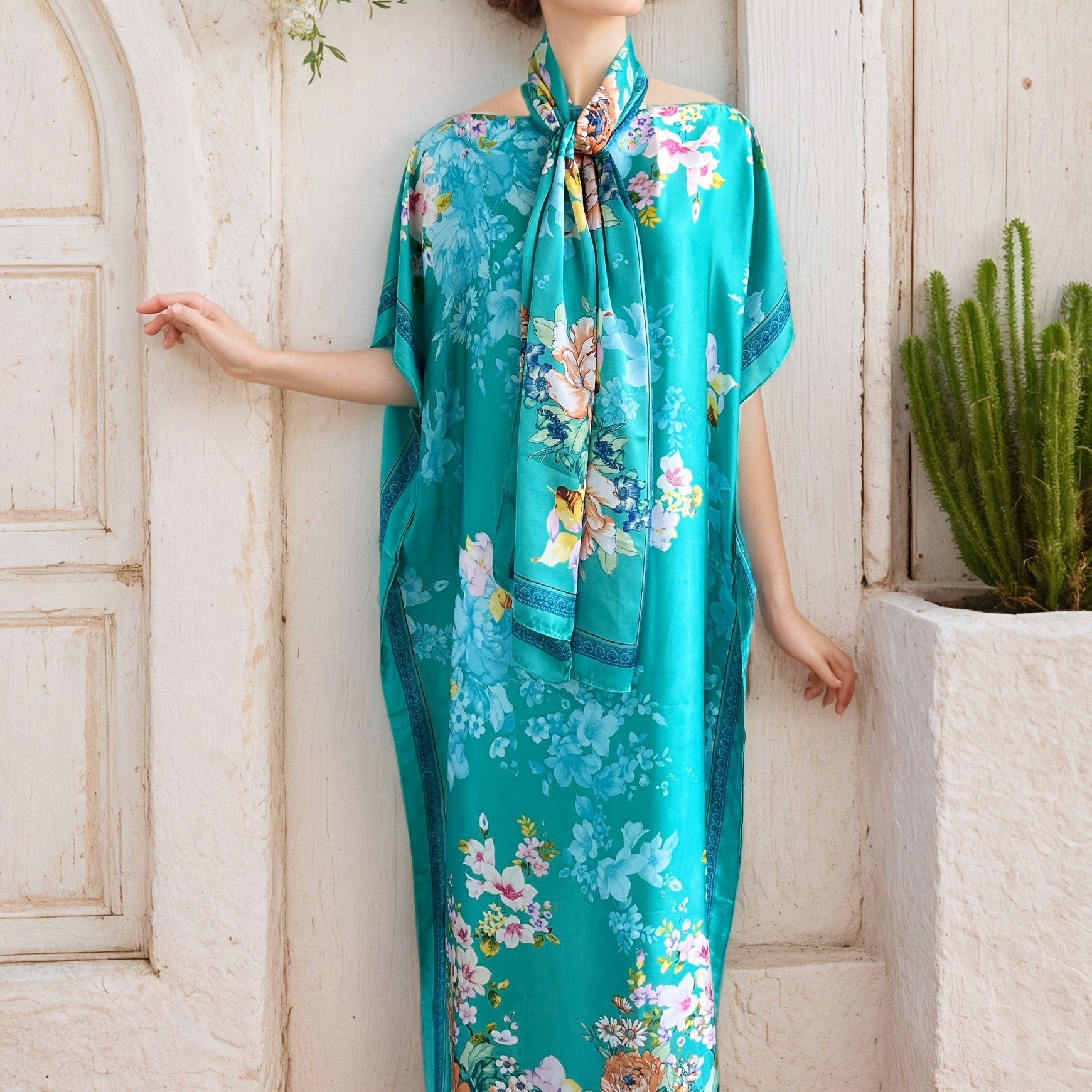 Plus Size Floral Print Batwing Sleeve Maxi Dress for Women, Casual Summer Wear