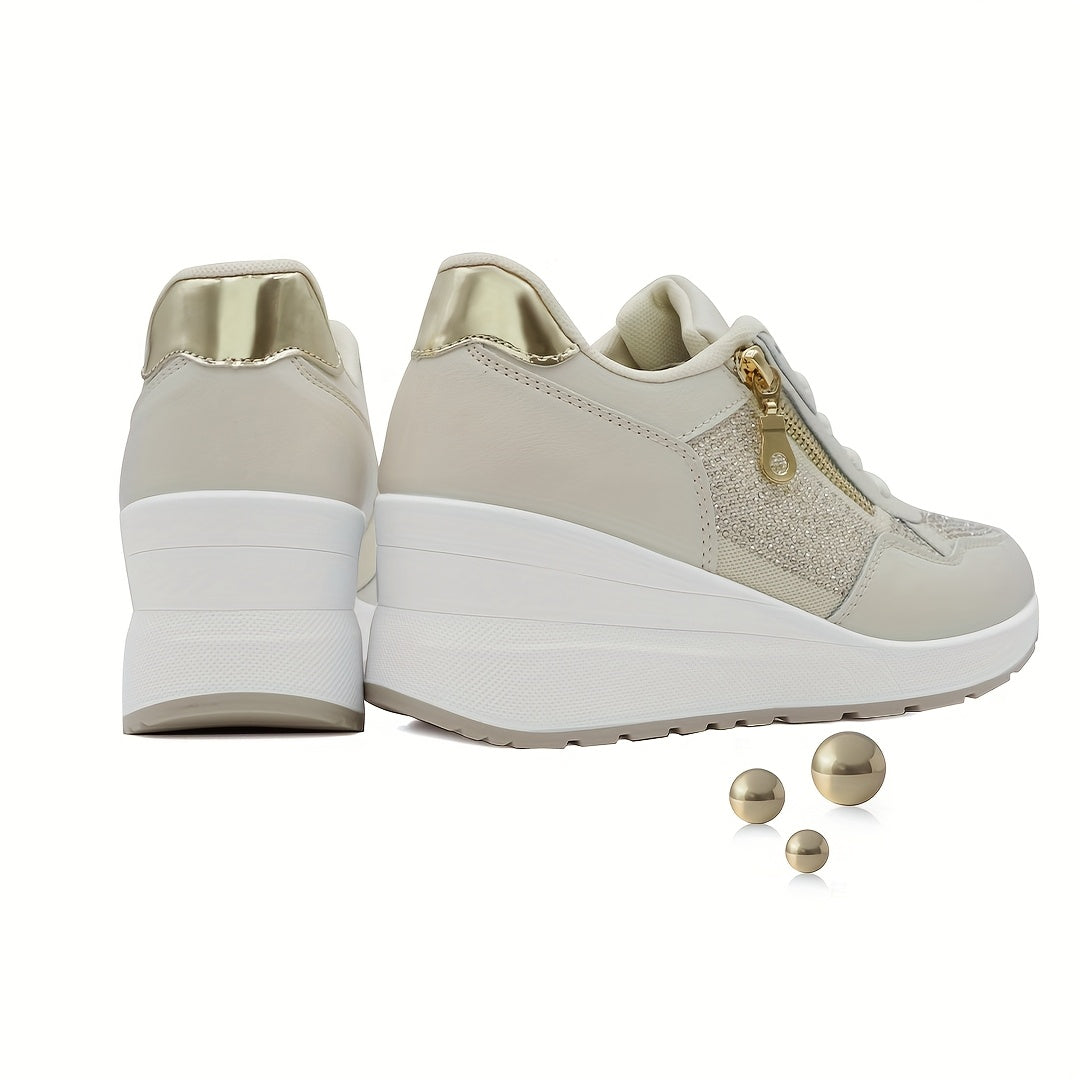 Ladies' Non-Slip Lace-Up Casual Sports Shoes with Zipper and Sequins