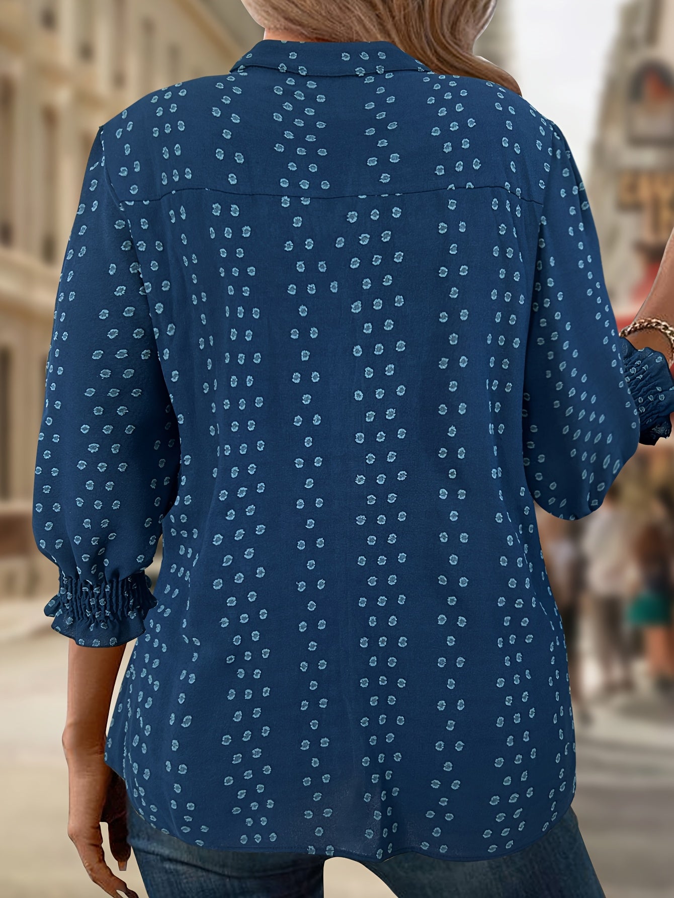 Women's Polka Dot Blouse Plus Size Stand Collar Summer Eight-Sleeve Polyester Spandex