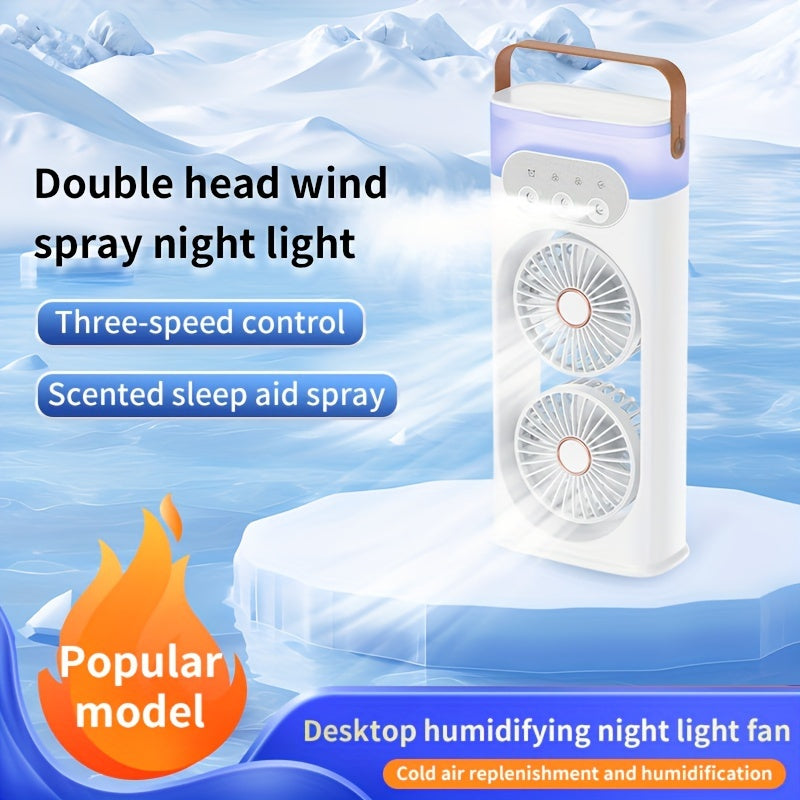 Portable Table Fan with Dual USB Fans and Humidifying Mist, Quiet Indoor Outdoor