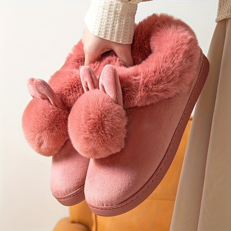 Women's Fleece-Lined Indoor Slippers with Non-Slip Soles and Fluffy Ears