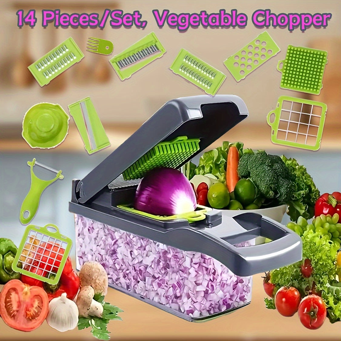14-in-1 Vegetable Chopper Set with Container and 8 Cutters for Onion, Potato, Carrot