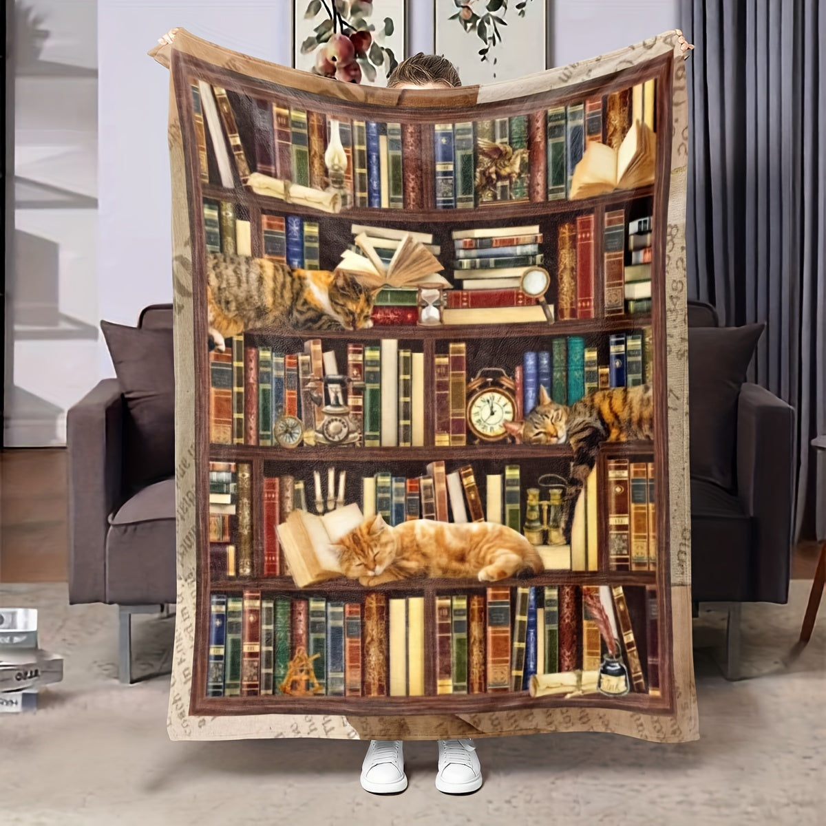 Flannel Throw Blanket for Book Lovers and Cats Cozy Reading Gift 50x60 Inches