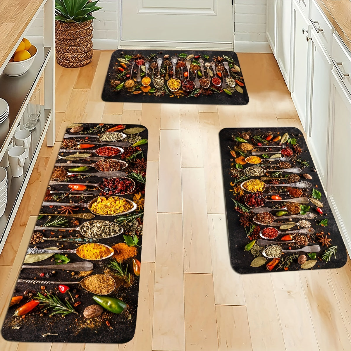 Spices and Cutlery Patterned Non-Slip Kitchen Floor Rug for Home Decor