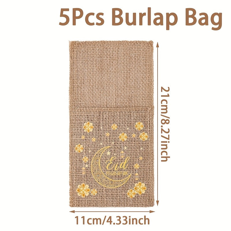 Juego de 5 bolsas de regalo de arpillera Eid Mubarak con linterna de luna y diseños de estrellas para suministros de fiesta de Ramadán