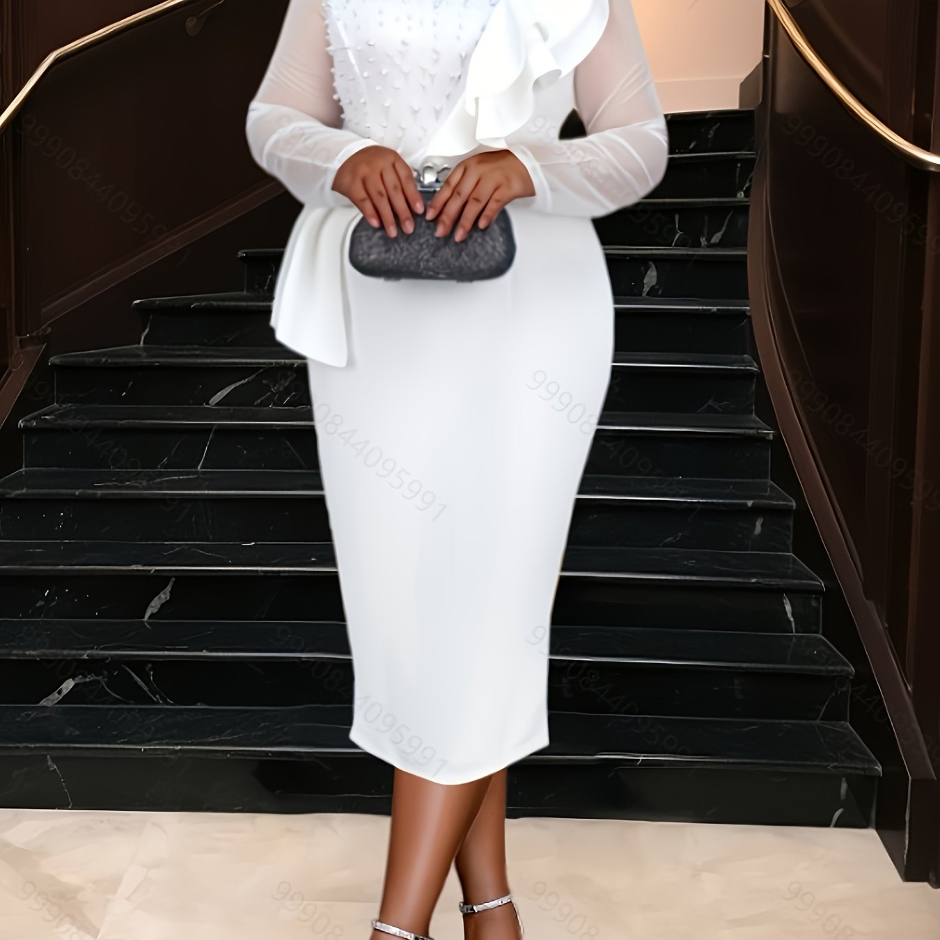 Women's Lace Beaded Long Sleeve Midi Dress Slim Fit Ruffled Party Gown