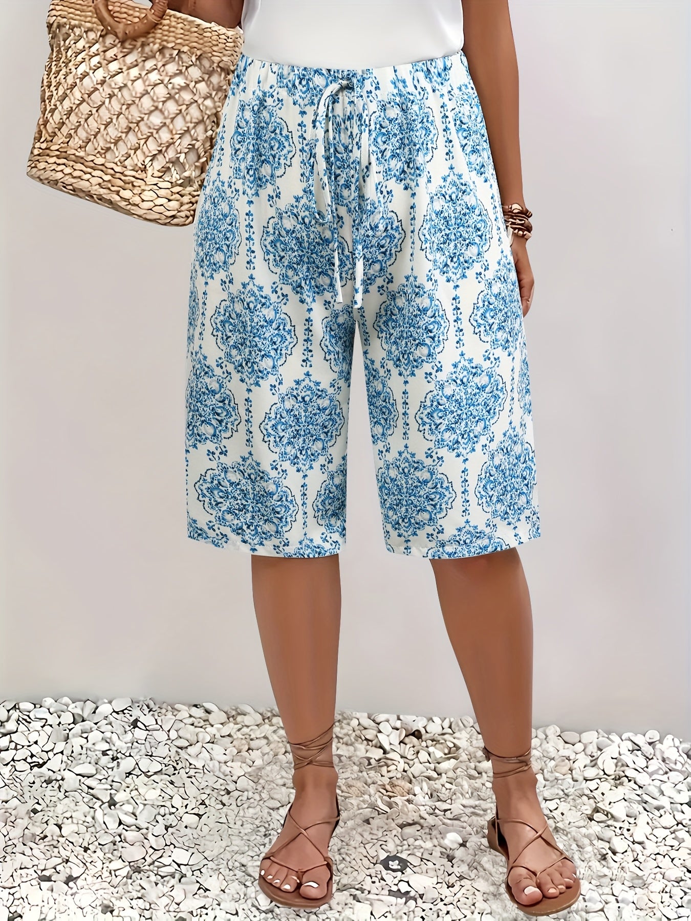 Брюки пляжные женские из льна с цветочным принтом plus size — регулируемый пояс, дышащая одежда для отпуска