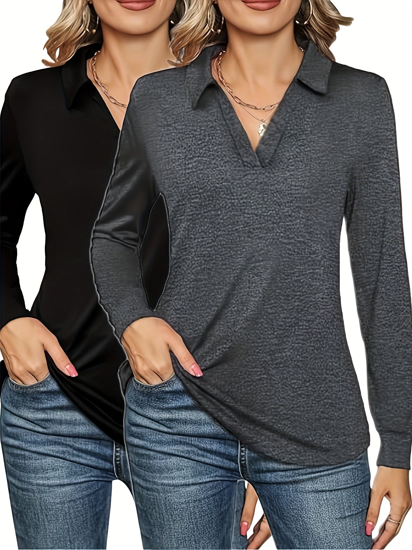 Women's Plus Size Long Sleeve T-Shirts Casual Solid Color Tops for Spring Fall 2-Pack