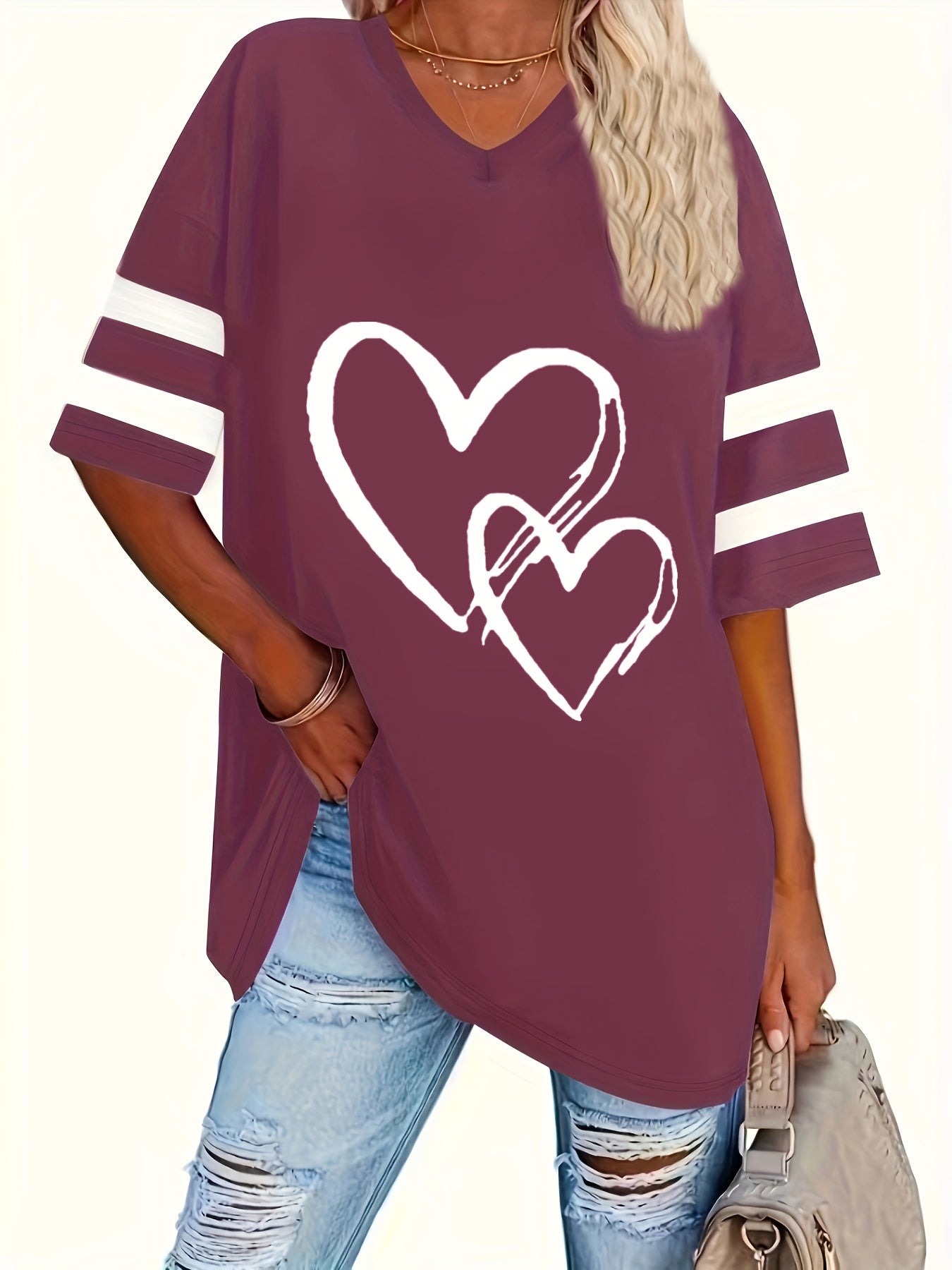 Plus Size Women's V-Neck Short Sleeve T-Shirt With Heart Print Spring Summer