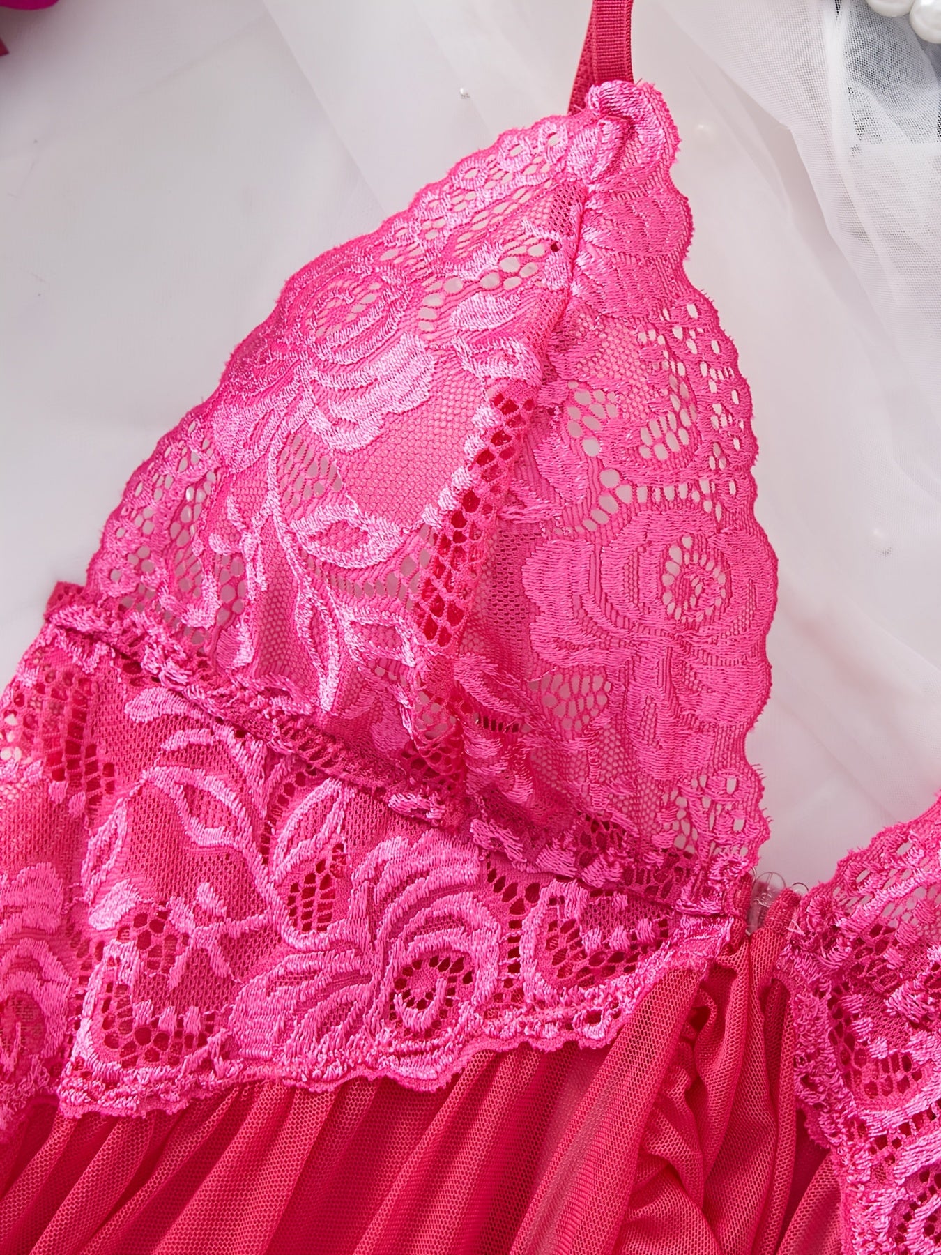 Lingerie Set Lace Spliced Chemise with Ruffle Detail Polyamide Elastane Mid-Rise Briefs