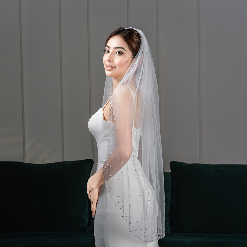 Bridal Veil with Imitation Pearls and Comb Nylon Wedding Accessory