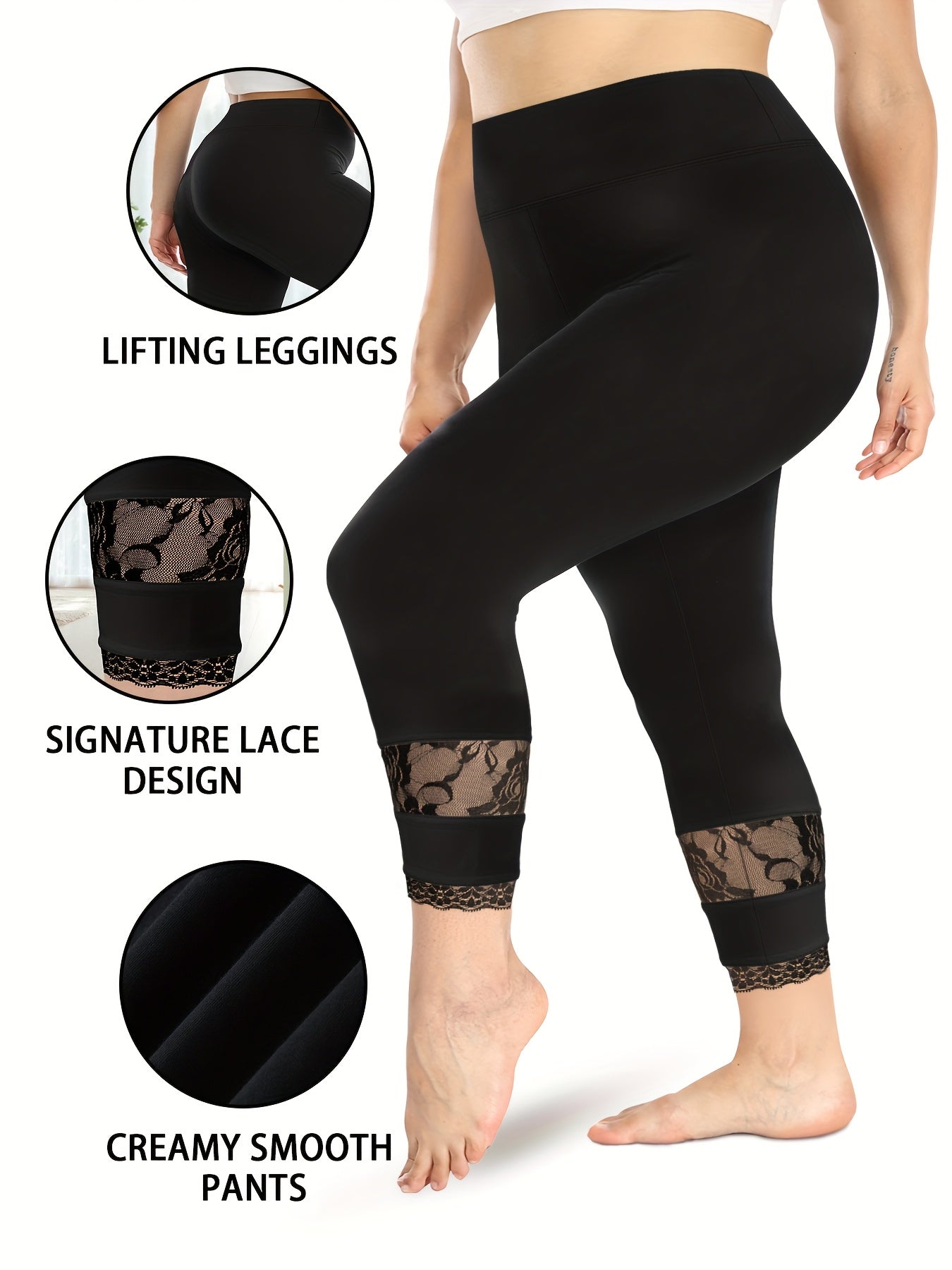 Women's High-Waisted Non-See-Through Workout Leggings with Lace Trim