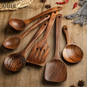 Six Wooden Utensils Set Cooking Spoons Kitchen Tools Durable Elegant