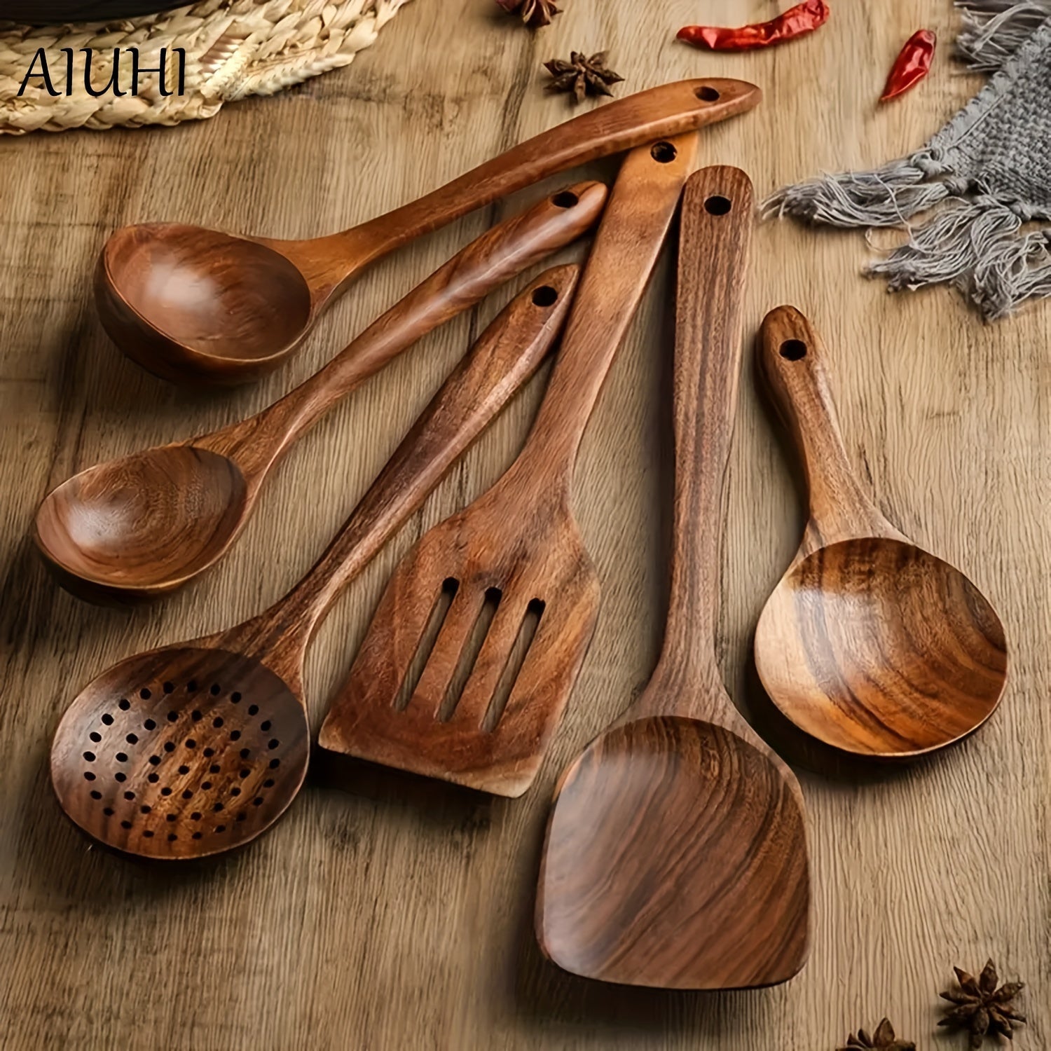 Six Wooden Utensils Set Cooking Spoons Kitchen Tools Durable Elegant