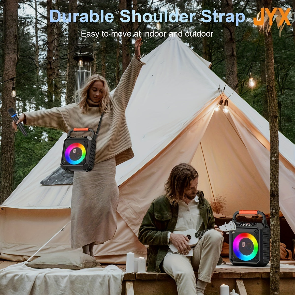 Wireless Karaoke Speaker with 6.5 Inch Driver 15W Portable PA System with Microphones and LED Lights