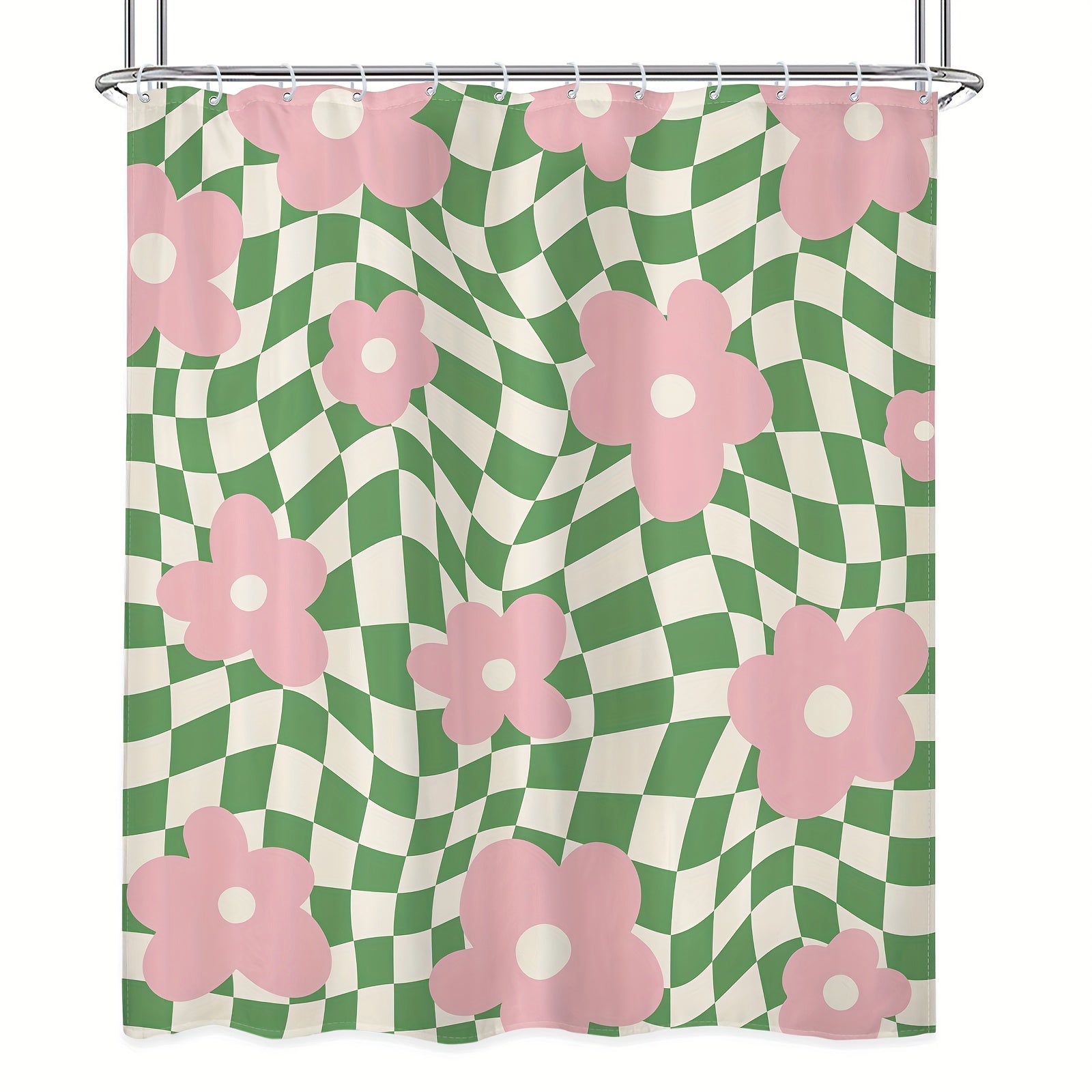 Polyester Shower Curtain Pink Green Floral Checkered 152x183 cm Waterproof Machine Washable