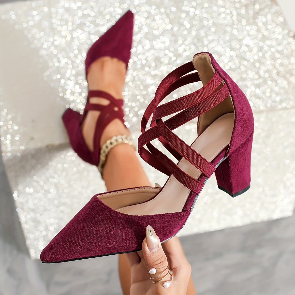 Women's Pointed Toe Cross Strap High Heel Sandals Comfortable Chunky Sole