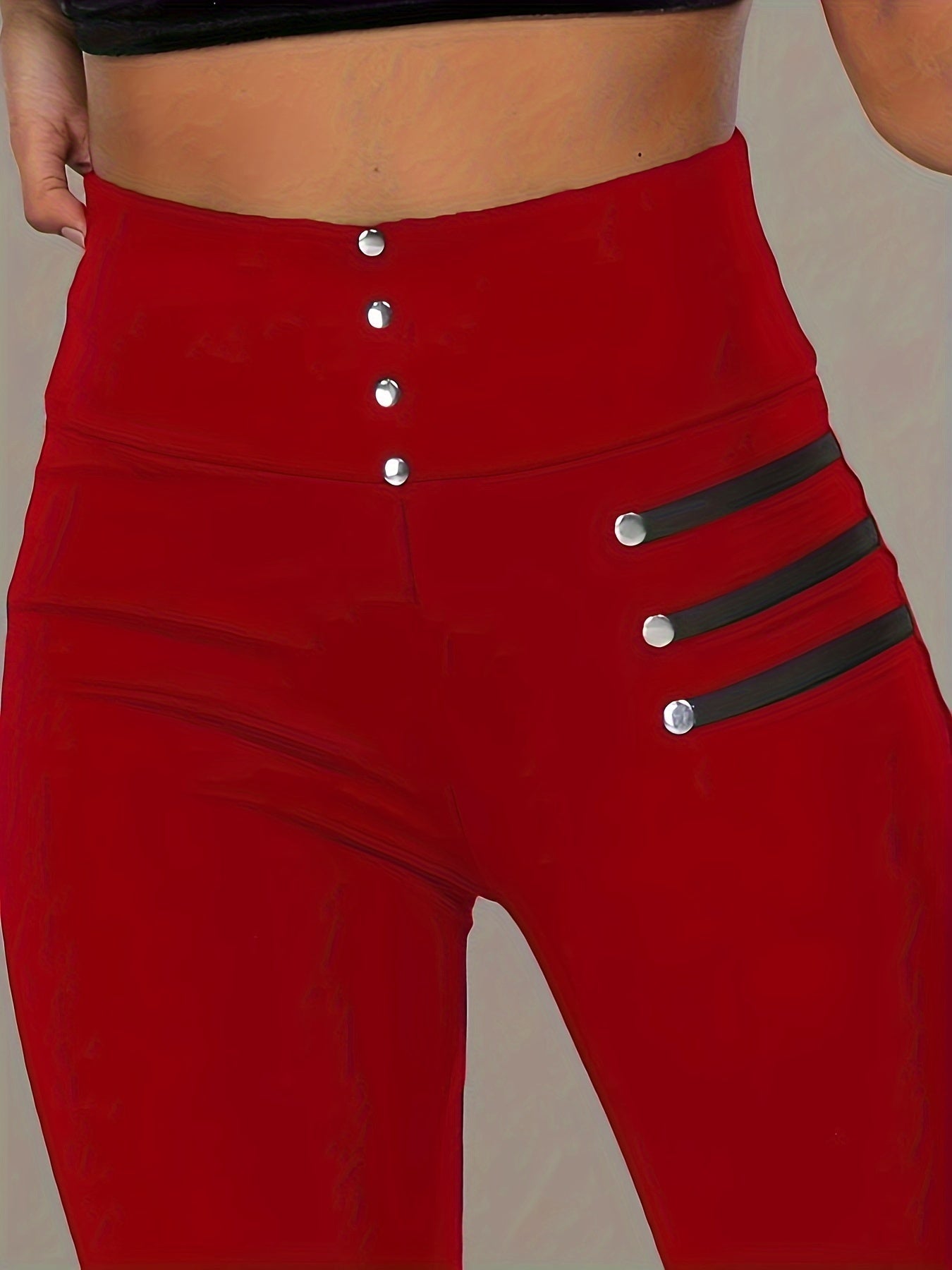 Women's High-Waisted Skinny Pants Dark Blue Faux Button Stretch Polyester Casual