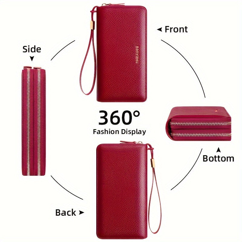 Banyanu ayollarining nafis haqiqiy charm hamyon - Katta sig'im, ikki zip, RFID to'siqlash, burgundi