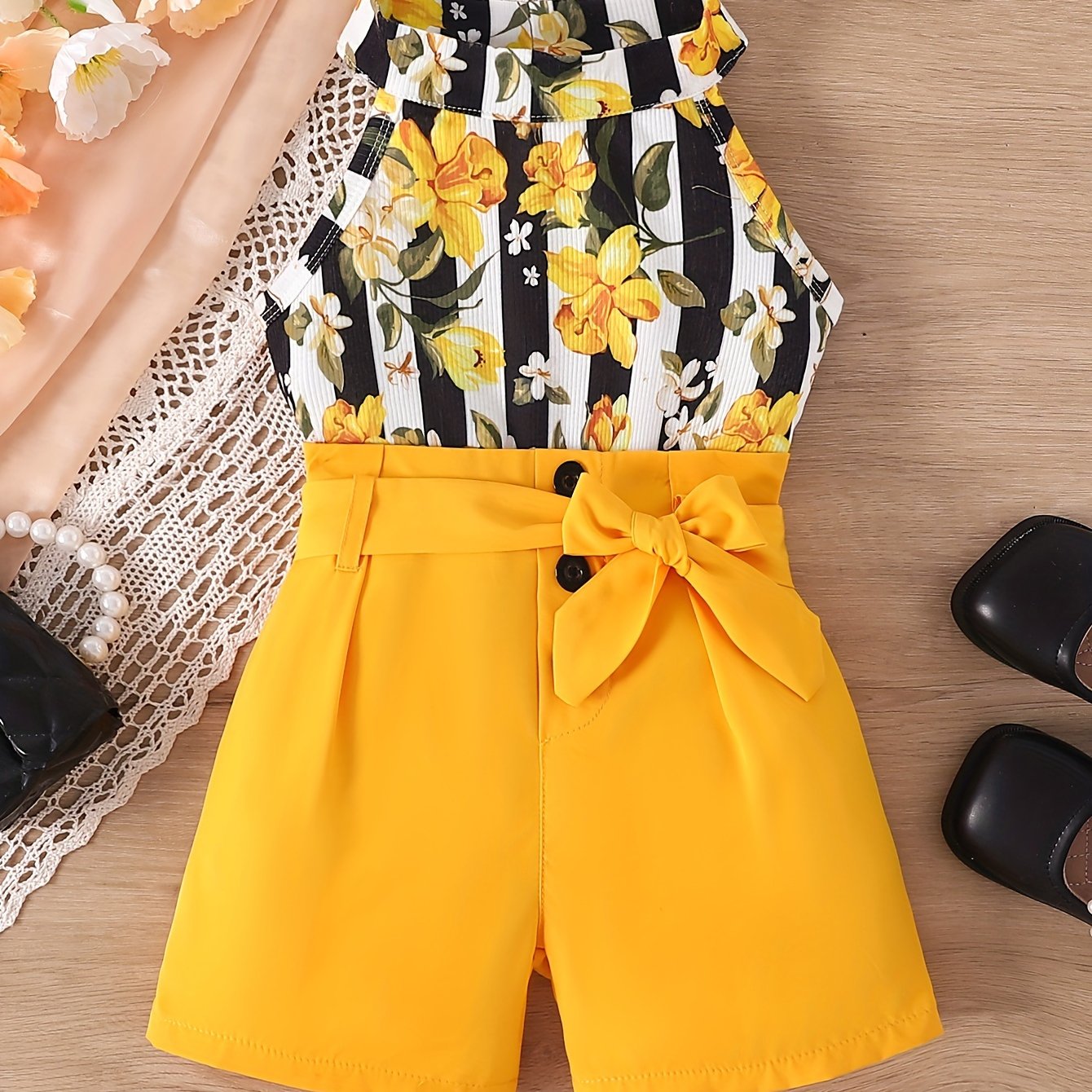 Girls Summer Outfit with Red Rose Print Halter Neck Stripe Top and Belt Shorts