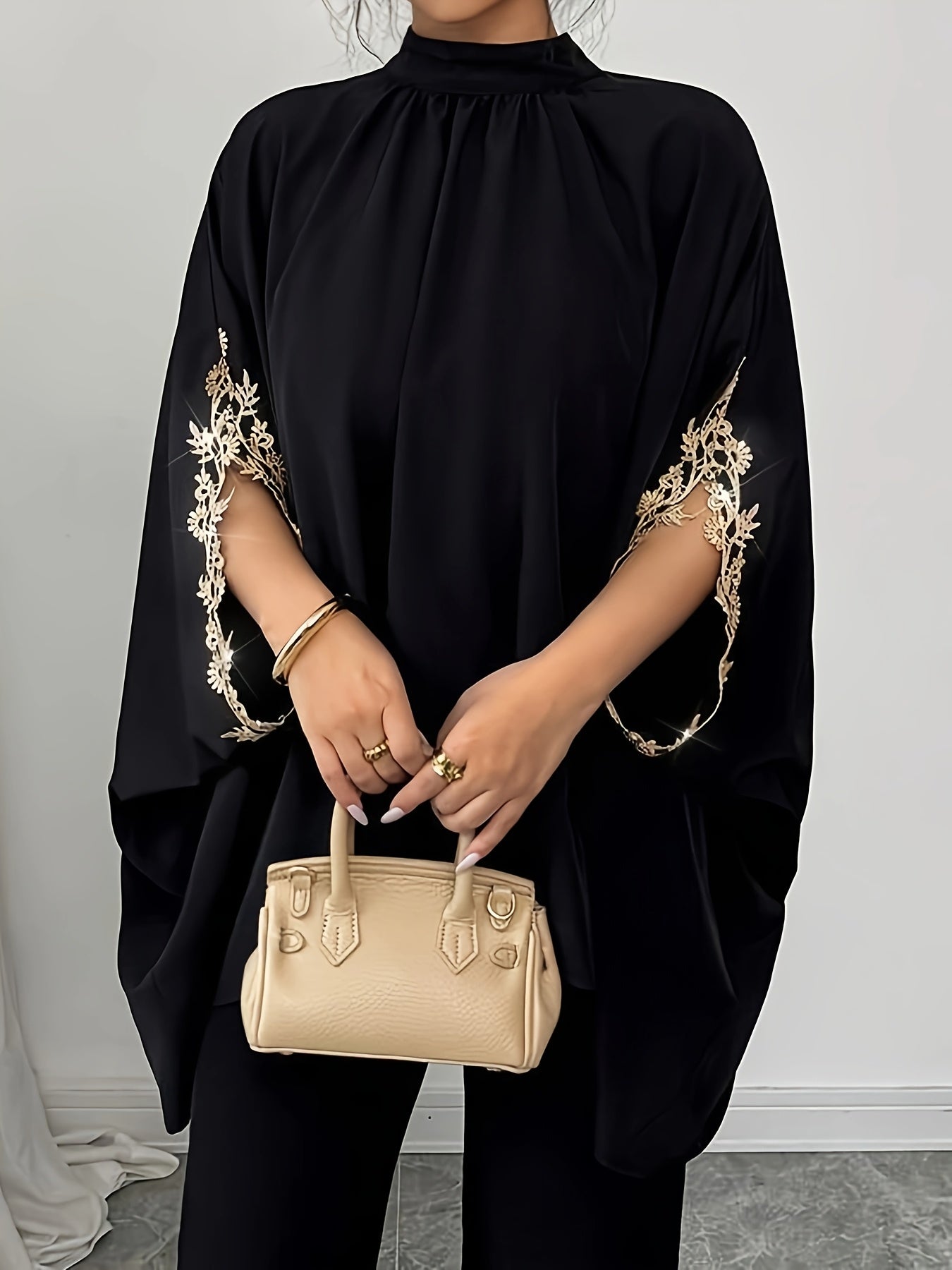 Plus Size Women's Blouse Black Puffed Sleeve Summer Casual Top