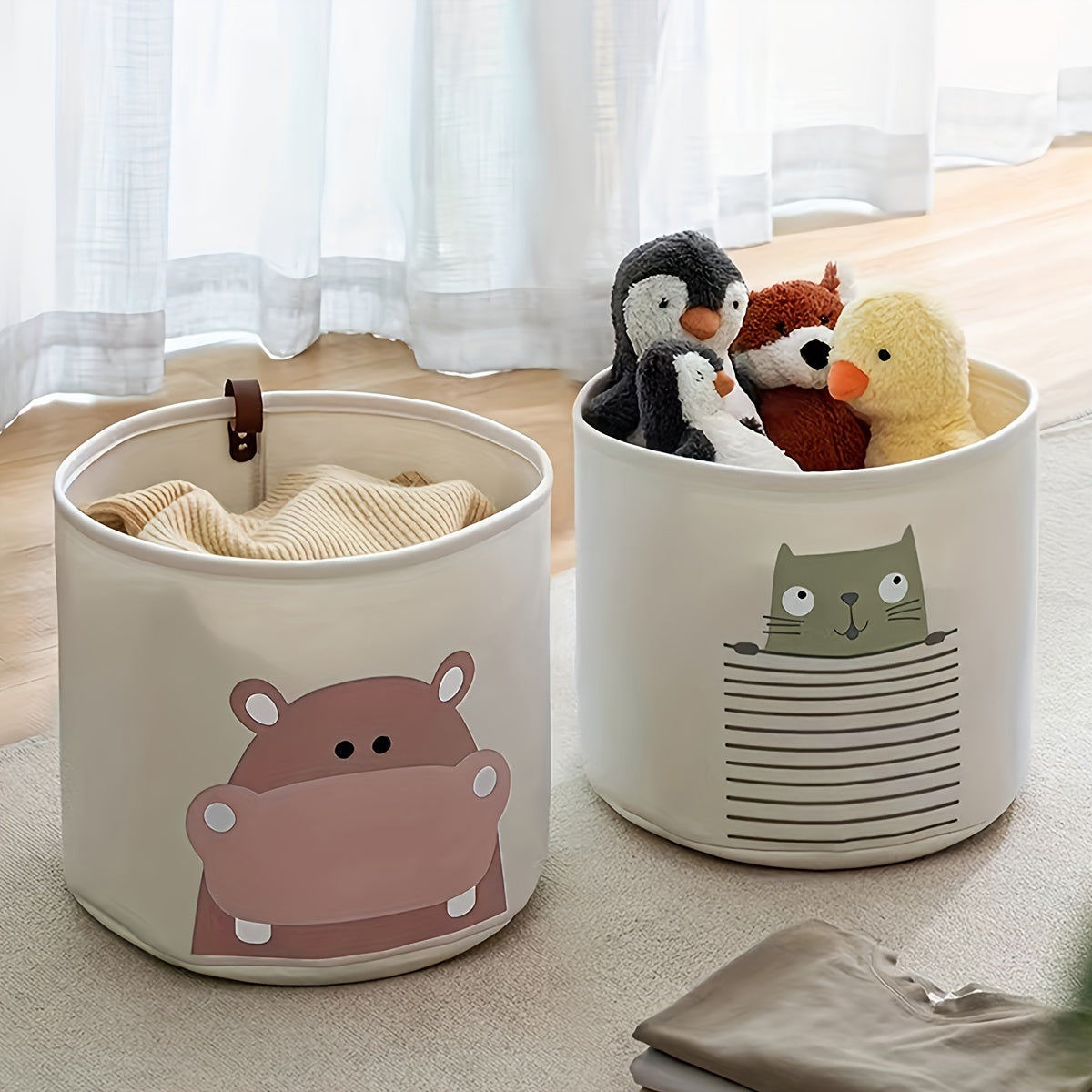 Cartoon Animal Print Felt Storage Basket for Toys and Diapers