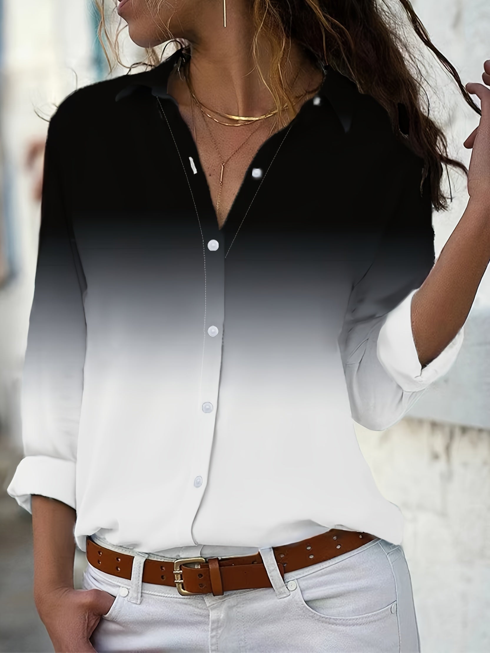 Women's Black and White Ombre Blouse with Lapel Collar and Flared Hem
