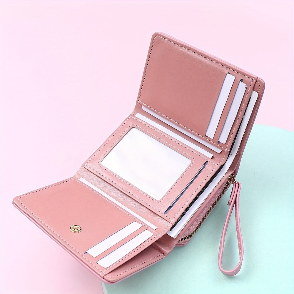 Ayollar uchun ko'p funksiyali minimalist uch qismli qisqa hamyon, tangalar uchun cho'ntak va kredit karta ushlagichi bilan.