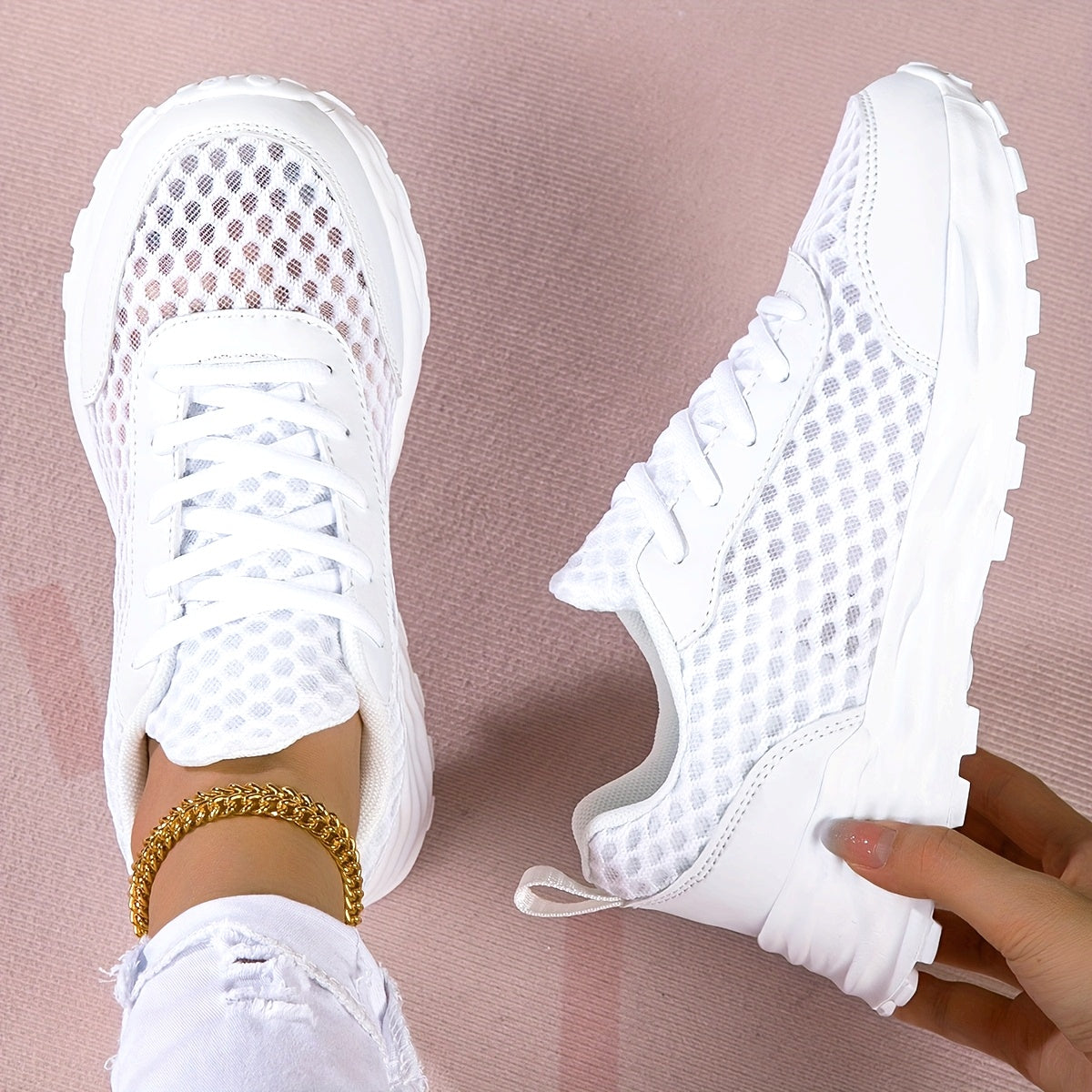 Women's White Casual Perforated Sneakers Low Top Lace-Up Comfort Shoes