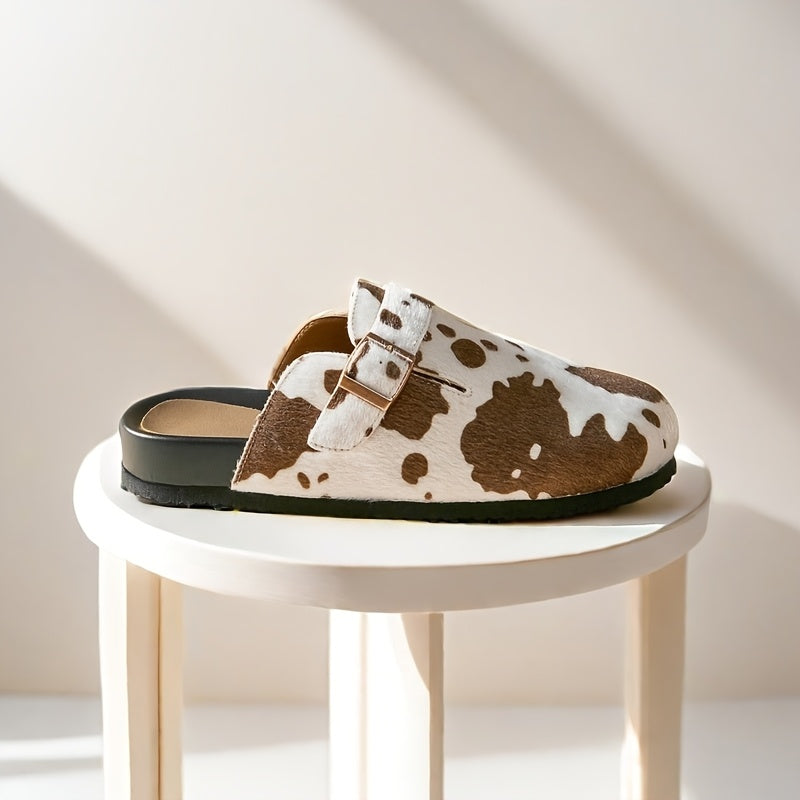 Women’s Faux Leather Slip-On Mules | Casual Closed Toe Shoes in Brown and White Cow Pattern