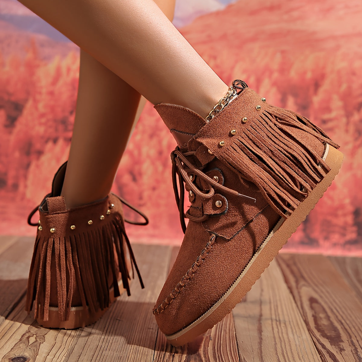 Women's Nubuck Velvet Ankle Boots with Tassel Trim Non-Slip Warm Flats