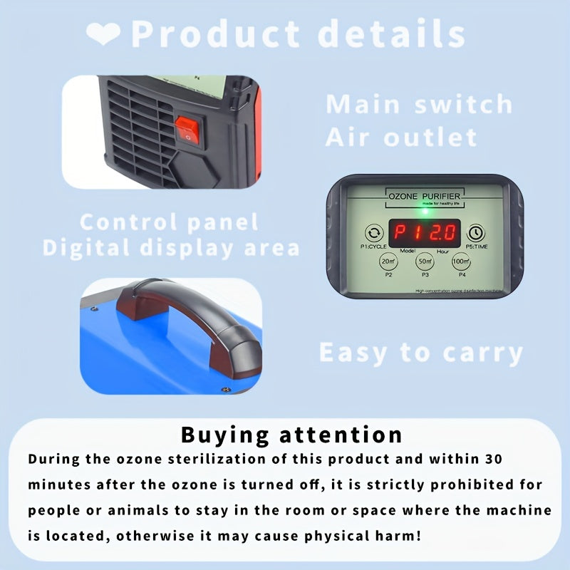 High-Output 10,000 Ozone Generator for Home Garage Air Purification Black Blue